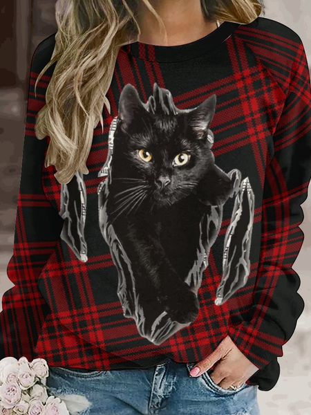 

Women's Black Cat Crew Neck Plaid Raglan Sleeve Sweatshirt, Red, Hoodies&Sweatshirts