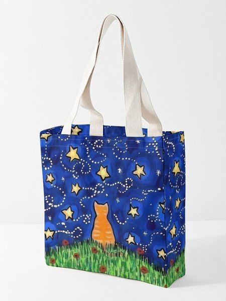 

Starry Cat All Over Print Animal Graphic Shopping Tote Bag, As picture, Bags
