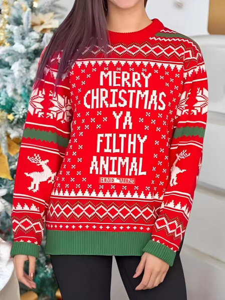 

Casual Christmas Loose Crew Neck Sweater, Red, Sweaters