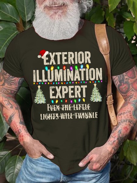 

Men's Exterior Illumination Expert Christmas Tree Funny Graphic Print Cotton Text Letters T-Shirt, Green, T-shirts