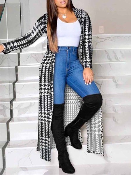 

Long sleeve Loose V Neck Simple Plaid Other Coat, Black, Others