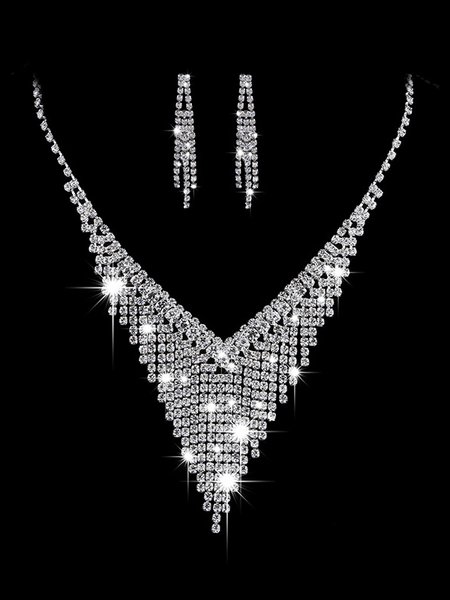 

Banquet Party Fringe Diamond Necklace and Earrings Set, Silver, Jewelry