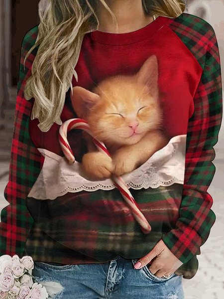 

Women's Christmas Cute Sleeping Cat Print Holiday Crew Neck Sweatshirt, As picture, Hoodies&Sweatshirts