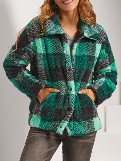 

Green Plaid Casual Shawl Collar Loose Teddy Jacket, Coats