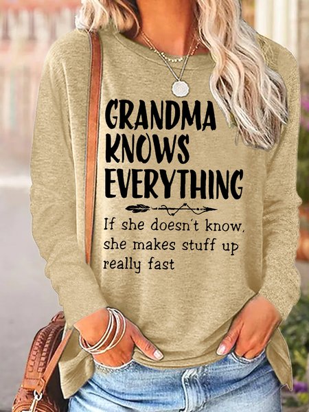 

Women's Grandma Knows Everything Funny Graphic Print Text Letters Cotton-Blend Casual Crew Neck Top, Khaki, Long sleeves