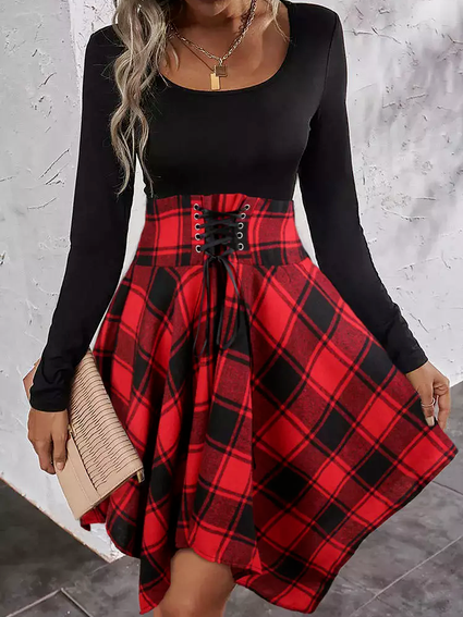 

Women Christmas Casual Crew Neck Red Plaid Loose Midi Dress, Dresses