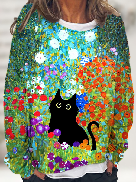 

Women's Crew Neck Cat Loose Off Shoulder Sleeve Casual Sweatshirt, As picture, Hoodies&Sweatshirts