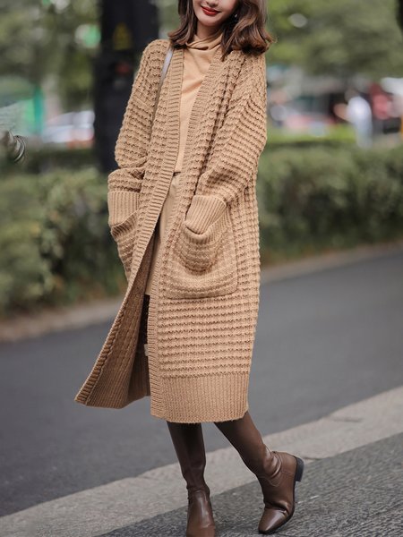

Long sleeve Casual Plain Sweater Coat, Khaki, Cardigans