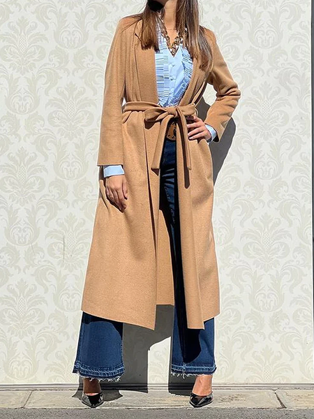 

Loose Lapel Collar Long sleeve Urban Plain Mid-long Overcoat, Khaki, Coats