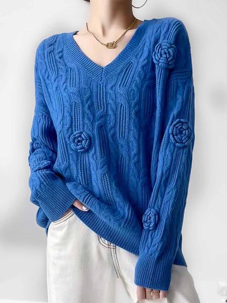 

Long sleeve Regular Fit Elegant Crew Neck Floral Sweater, Blue, Pullovers