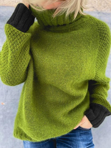 

Loose Simple Plain Turtleneck Sweater, Green, Pullovers