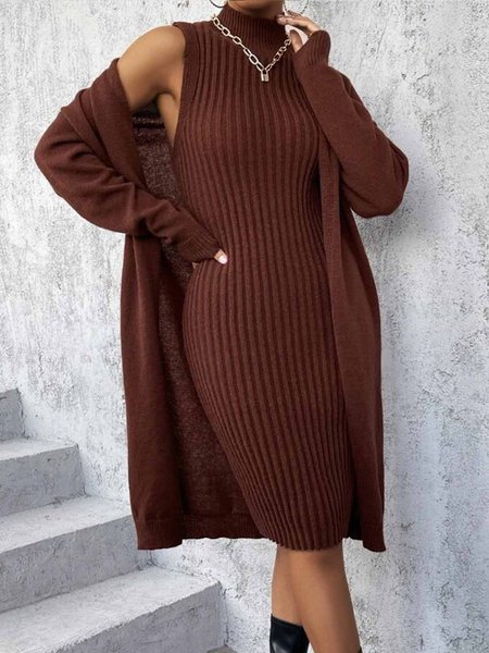 

Daily Long sleeve Elegant Loose Plain Sweater Coat, Khaki, Cardigans