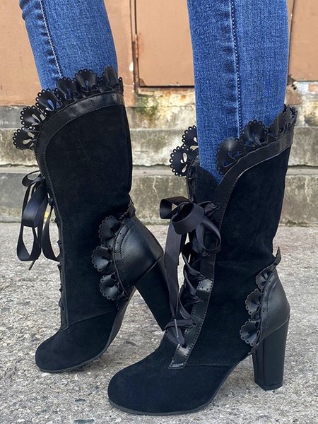 

Black Vintage Stitched Lace Court Boots, Boots
