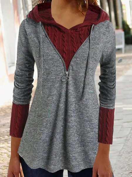 

Plain Hooded Drawstring Cable Knit Mixed Media Tunic Sweatshirt, Wine red, Hoodies & Sweatshirts