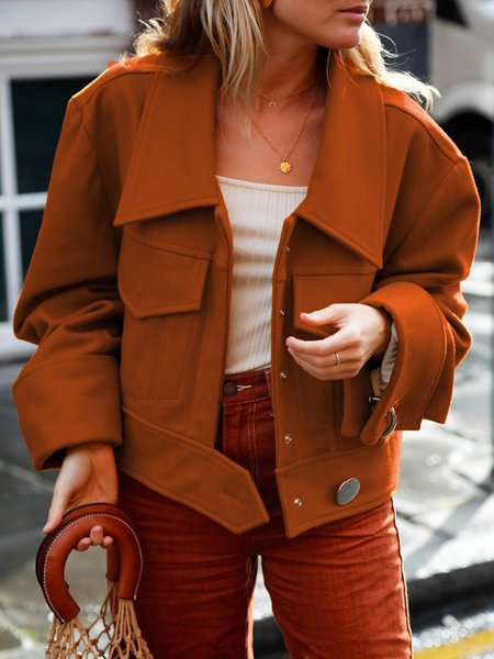 

Urban Loose Shirt Collar Plain Pockets Jacket, Orange, Jackets