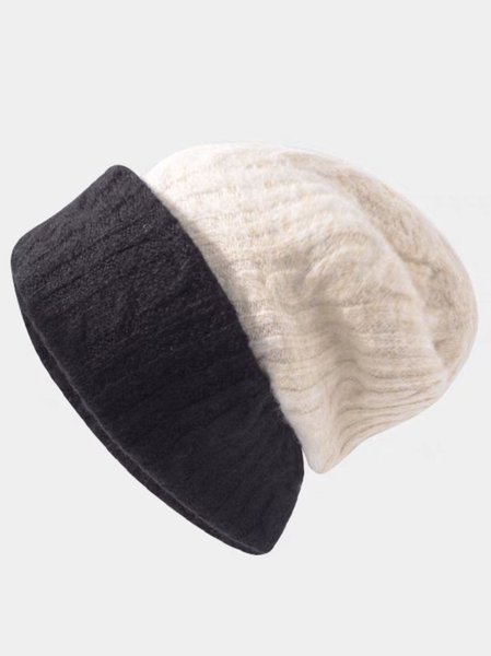 

Vintage Casual Contrast Color Wool Patchwork Beanie Autumn Winter Thermal Accessories, Off white, Women Hats