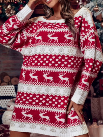 Christmas Boat Neck Casual Dress, Red, Clothing