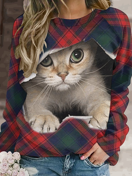 

Women's Funny Cat Raglan Sleeve Plaid Crew Neck Casual Sweatshirt, Red, Hoodies&Sweatshirts