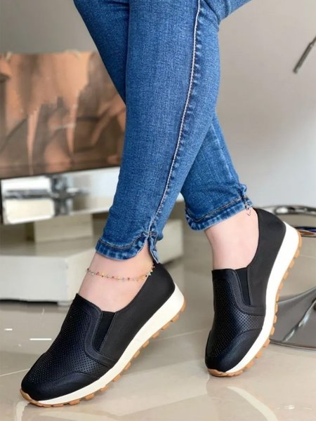 

Plus Size Casual Plain Split Joint Slip On Flat Shoes, Black, Flats