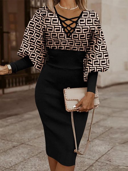

Geometric Elegant Long Sleeve Regular Fit Midi Dress, Black, Midi Dresses