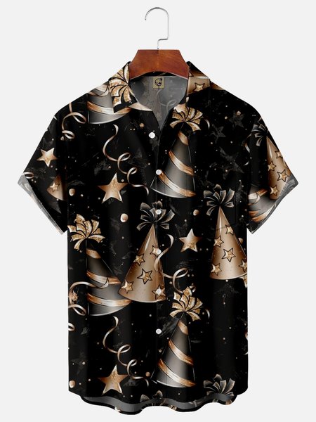 

New Year Chest Pocket Short Sleeve Shirt, Black, Men Shirts
