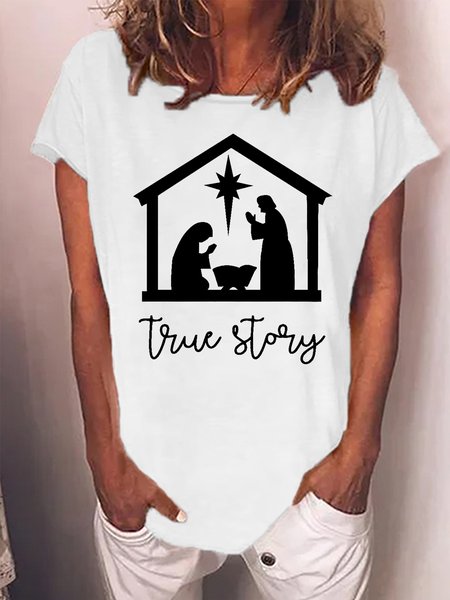 

Women's True Story Nativity Of Christmas Jesus Funny Graphic Print Cotton-Blend Casual Loose T-Shirt, White, T-shirts