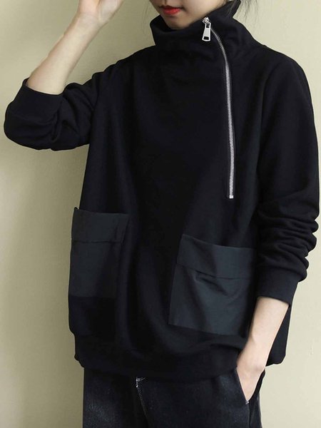 

Daily Long sleeve Turtleneck Plain Casual Loose Sweatshirt, Black, Hoodies and Sweatshirts