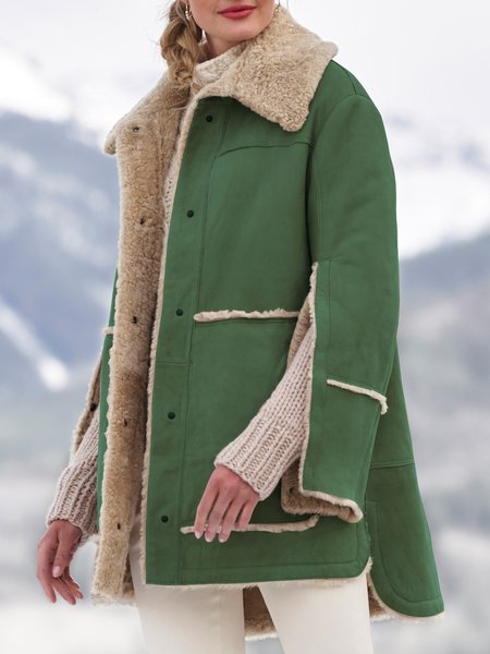 

PU Plush Thick Warm Long Sleeve Jacket, Green, Coats