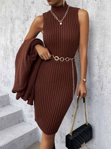 

Daily Plain Regular Fit Turtleneck Elegant Dress, Coffee, Midi Dresses