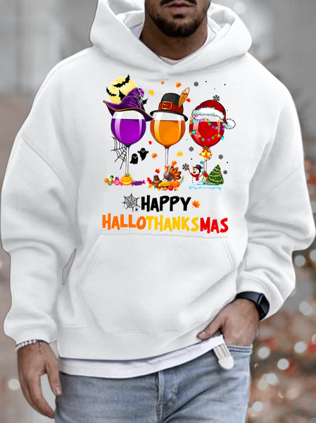 

Men's Happy Hallothanksmas Three Red Wine Glasses Funny Graphic Print Casual Hoodie Text Letters Sweatshirt, White, Hoodies&Sweatshirts