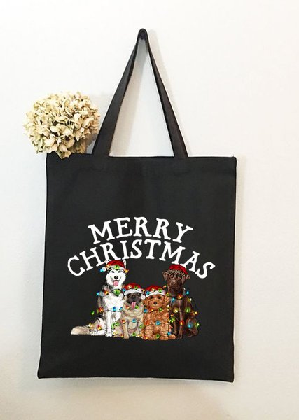 Merry Christmas With Christmas Dogs Graphic Casual Shopping Tote Bag, Black, Bags