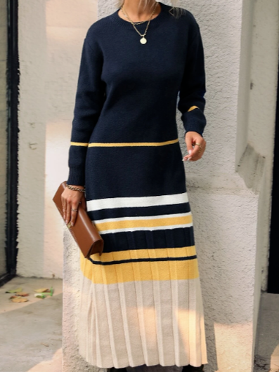 

Striped Pattern Pleated Hem Dress, Multicolor, Dresses