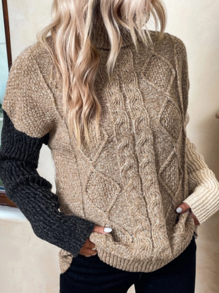 

Colorblock Cable Knit Basic Sweater, Khaki, Sweaters & Cardigans