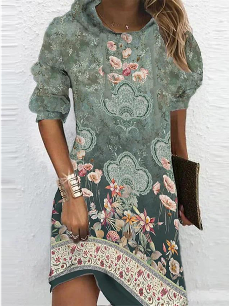 

Ethnic Hoodie Casual Dress, Green, Dresses
