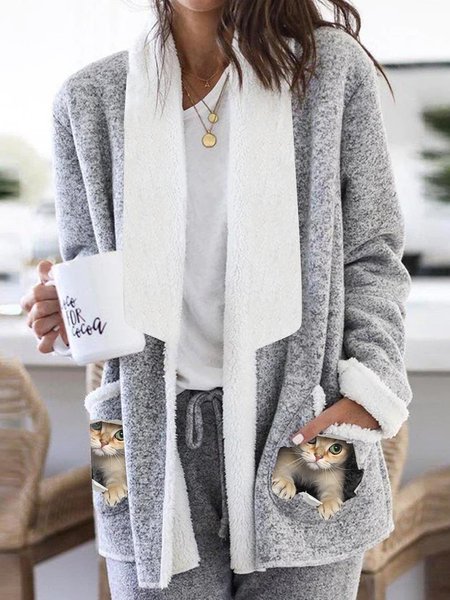 

Shawl Collar Animal Casual Regular Fit Teddy Jacket, Gray, Coats