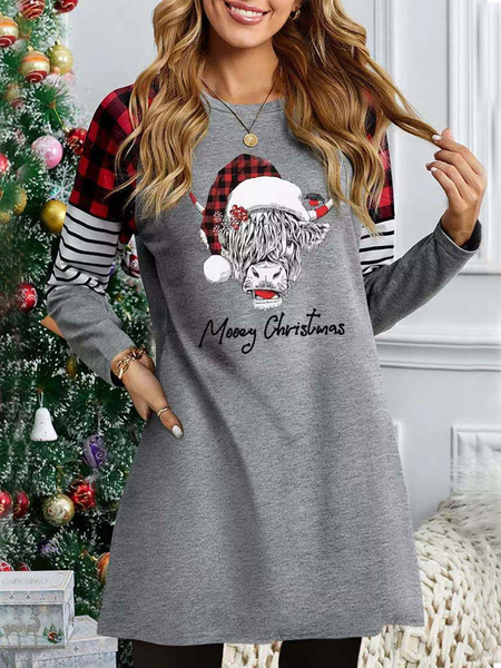 

Casual Christmas Crew Neck Color Block Regular Fit Dress, Gray, Dresses