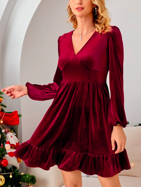 

Loose Plain Urban V Neck Dress, Red, Dresses