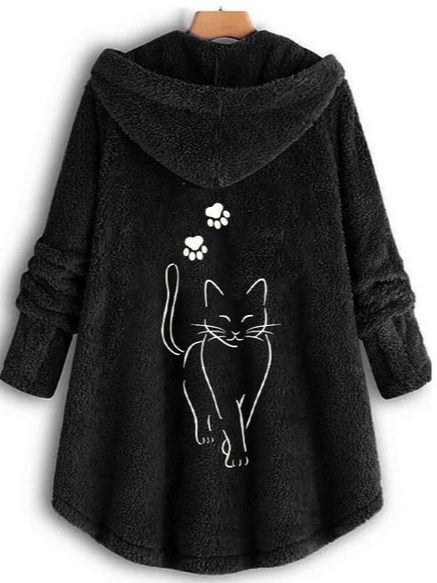 

Fun Fur Embroidered Hooded Plush Coat, Black, Coats