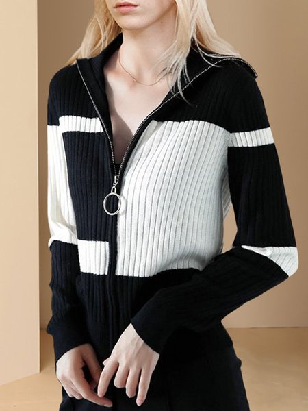 

Zipper Color Block Urban Sweater Cardigan, Black, Cardigans