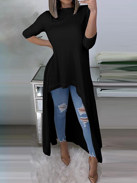 

Loose Crew Neck Long sleeve Plain Urban Long Top, Black, Blouses and Shirts