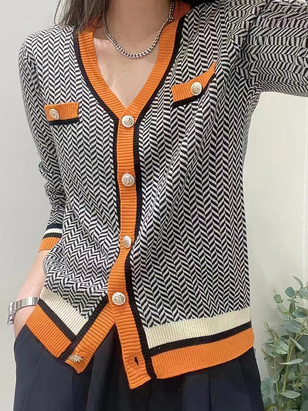 

Loose V Neck Long sleeve Micro-Elasticity Sweater Coat, Black-orange, Cardigans