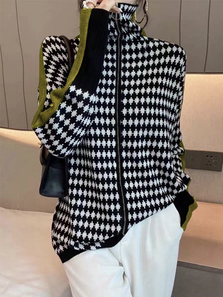 

Turtleneck Loose Urban Geometric Long Sleeve Sweater Coat, Black-yellow, Cardigans