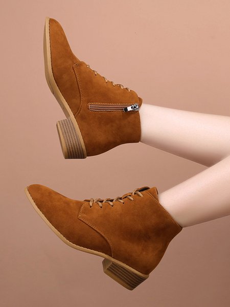 

Fleece Lace-Up Zip-Up Simple Chunky Heel Booties, Brown, Boots
