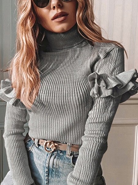 

Casual Turtleneck Regular Fit Flouncing Sweater, Gray, Sweaters & Cardigans