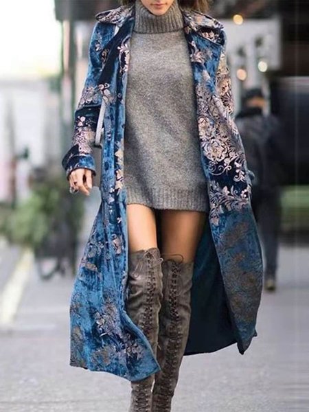 

Vintage Loose Floral Lapel Collar Overcoat, Blue, Outerwear