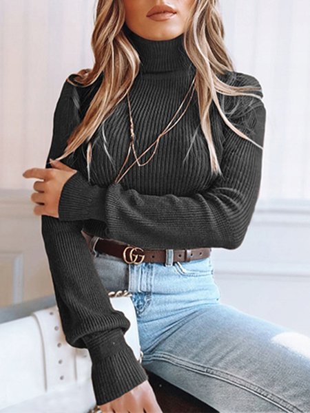 

Turtleneck Regular Fit Lantern Sleeve Plain Casual Sweater, Black, Sweaters