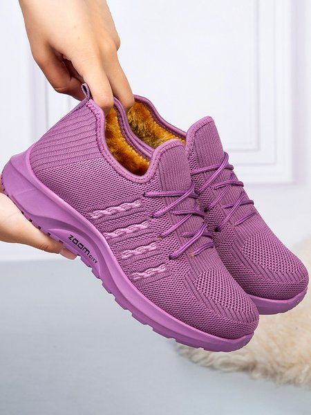 

Plush Warm Lightweight Non-Slip Flyknit Lace-Up Sneakers, Purple, Sneakers