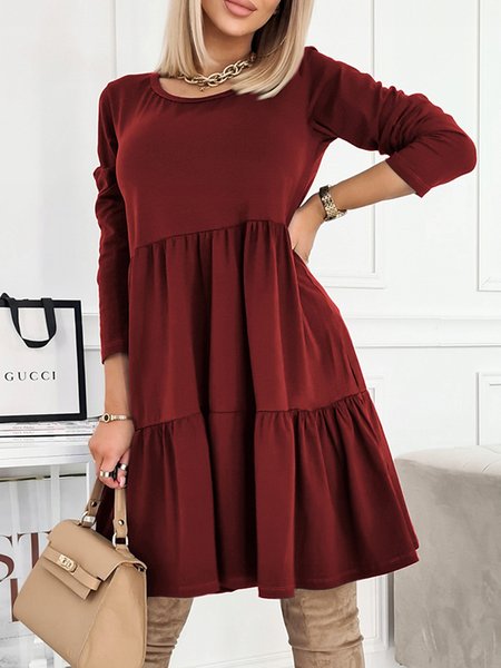 

Casual Crew Neck Plain Flouncing Dress, Red, Mini Dresses