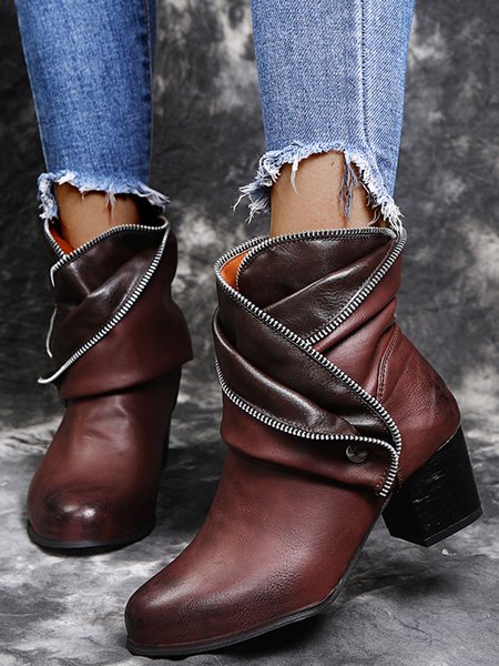

Vintage Zip Moccasin Upper Chunky Heel Booties, Deep brown, Boots