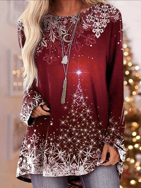 

Christmas Snowflake Loose Casual T-Shirt, Red, Tunics